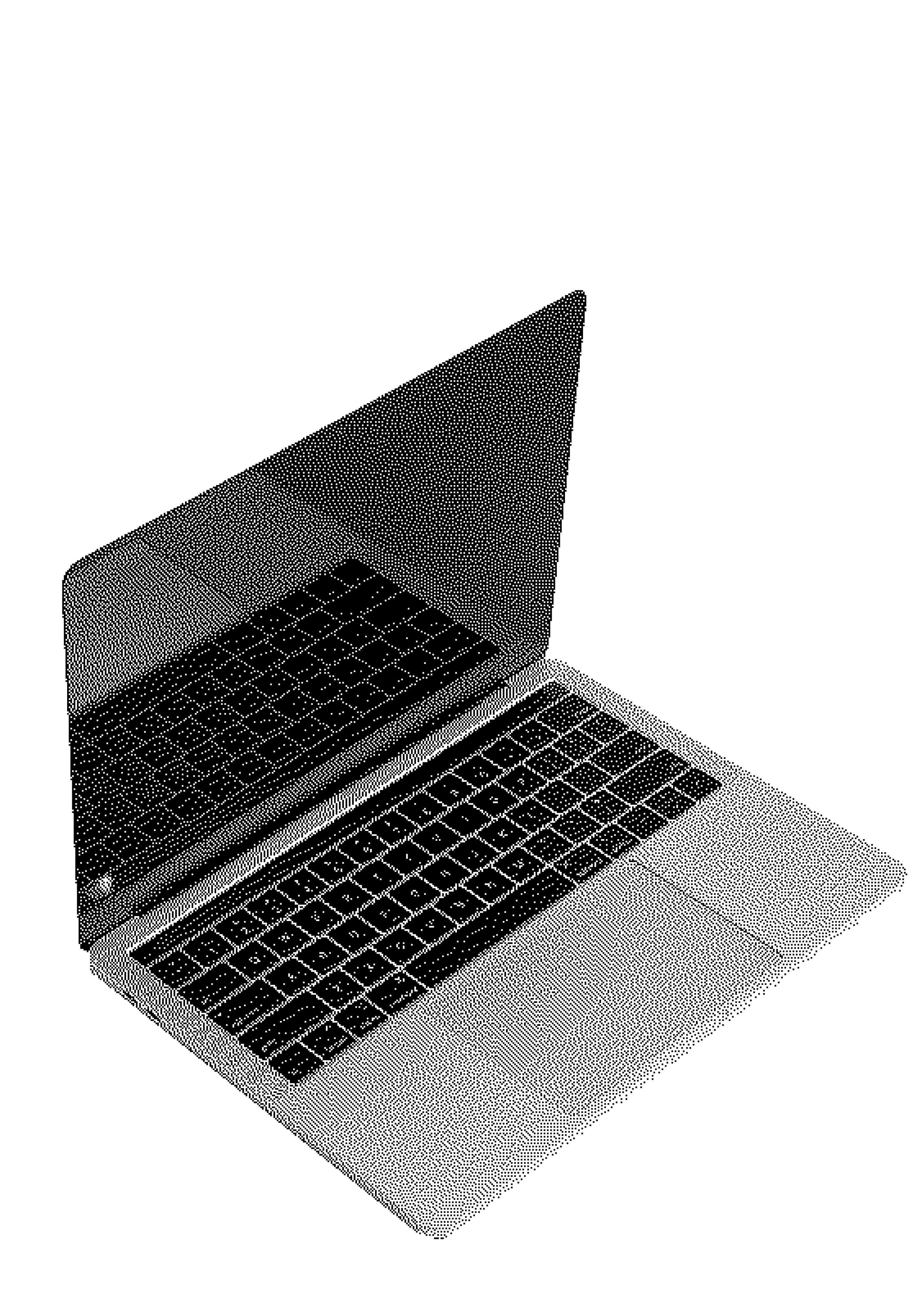 A black and white digital wireframe model of an open laptop computer viewed from an angle, showcasing the keyboard and screen.