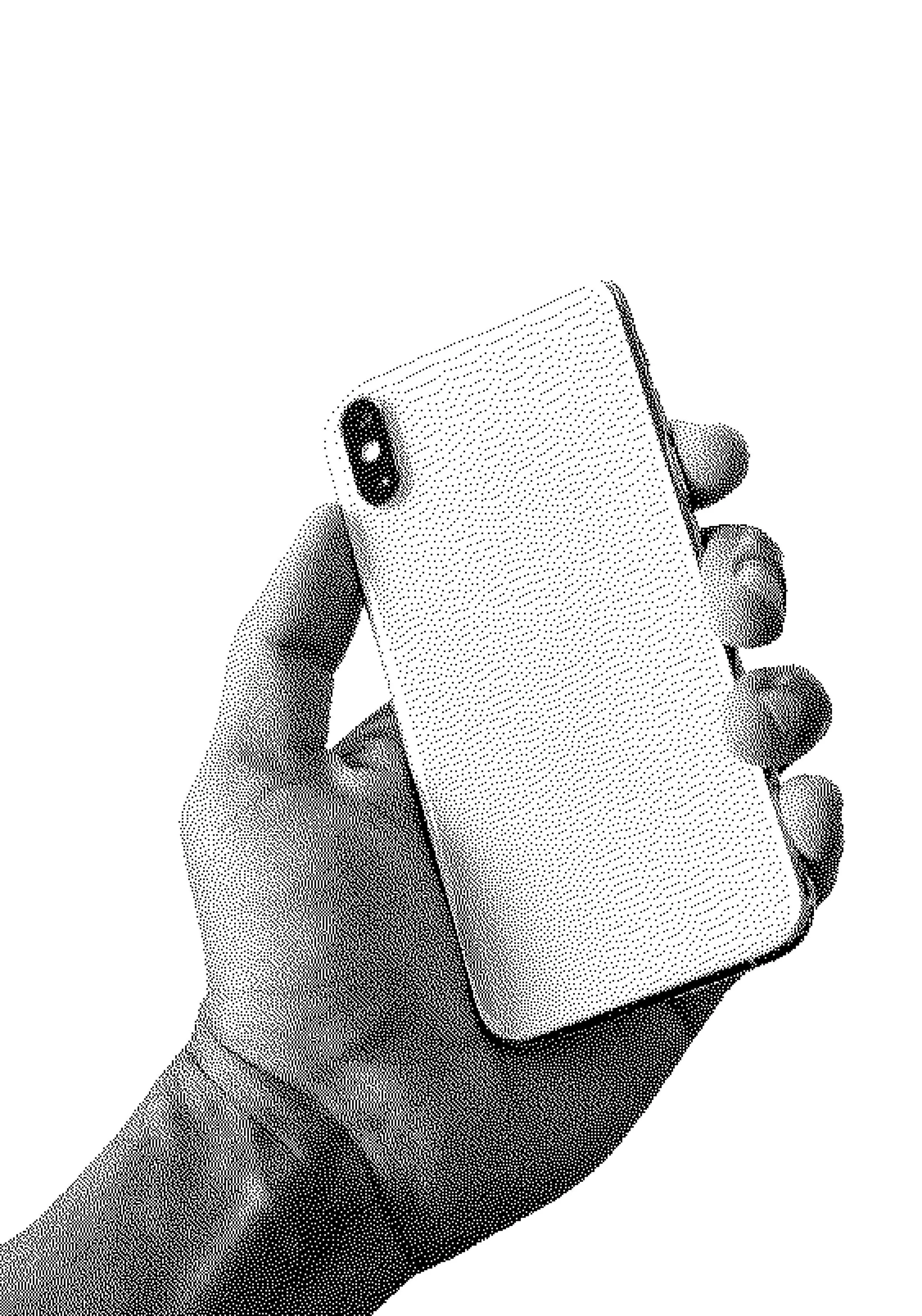 A hand holding a smartphone with the camera lens visible, against a plain white background.