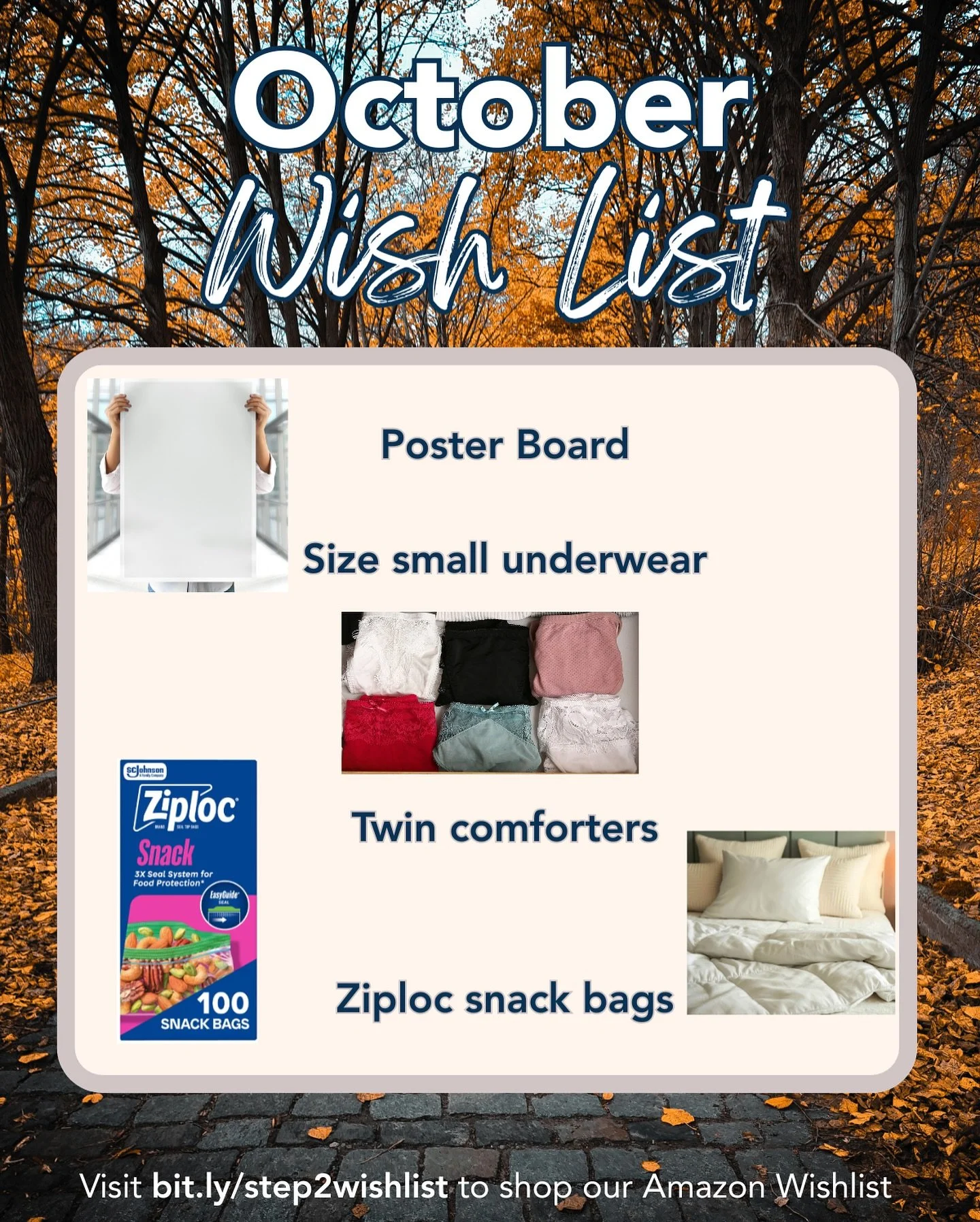 This month&rsquo;s most-needed items are up on our Amazon Wishlist! Each purchase helps a woman on her path to recovery&mdash;providing comfort, confidence, and a fresh start. 🍂
Shop the list here: bit.ly/step2wishlist