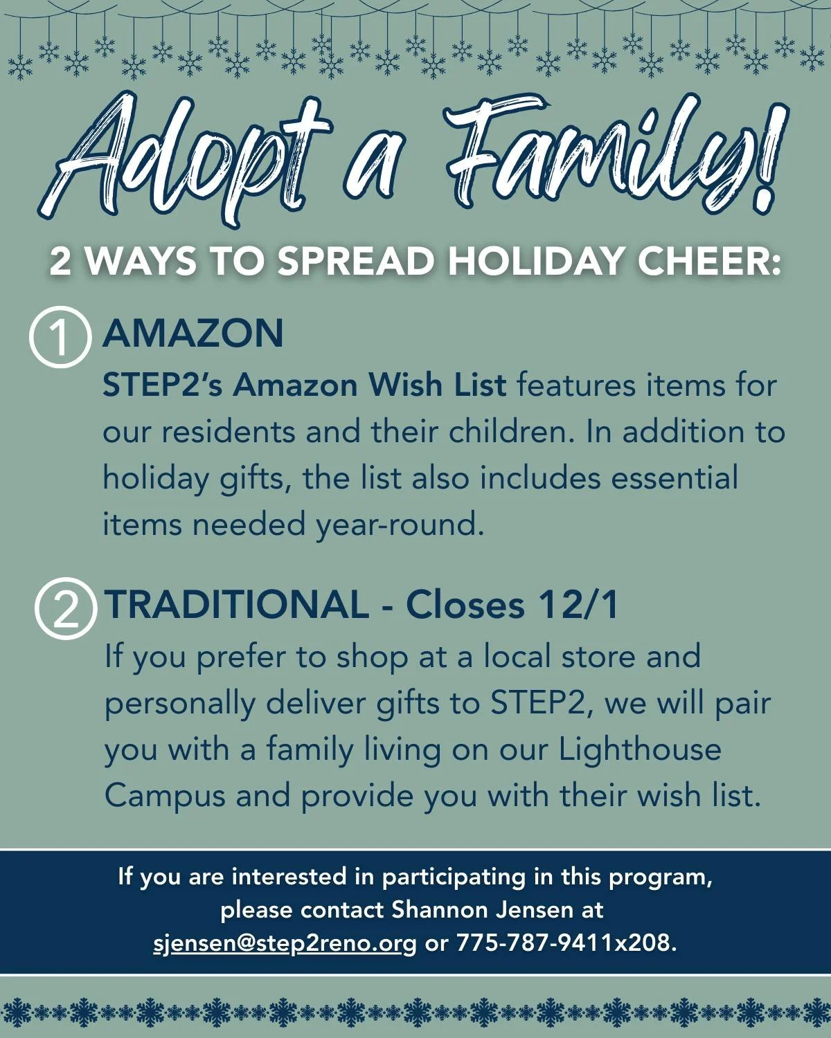 🎁✨ Give Joy This Holiday Season! ✨🎁
STEP2 is excited to announce our Adopt a Family program! With your support, we can make this holiday season brighter for the women and children in our care.

By adopting a family, you&rsquo;ll provide essential g