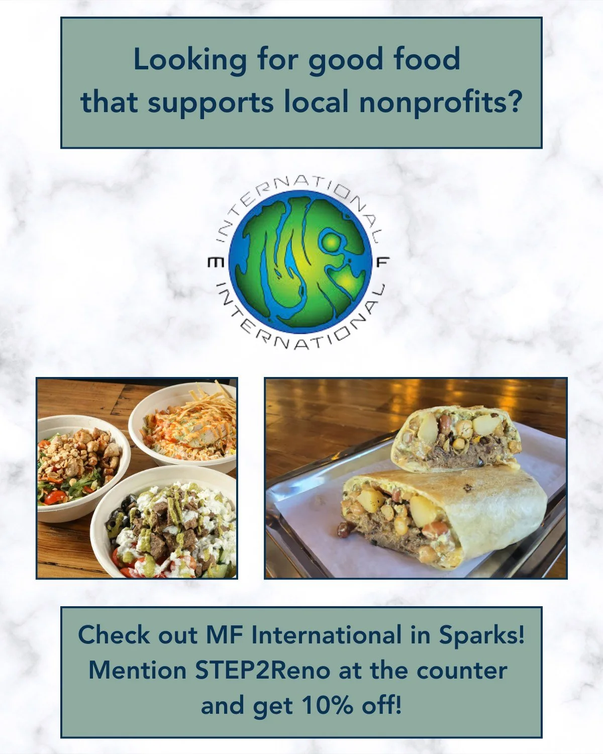 Support local businesses that support our community 💛

Swing by MF International @mfburritos at the corner of N. McCarran and Pyramid and treat yourself to their one-of-a-kind burritos, bowls, and salads made with bold international flavors 🌍

Ment