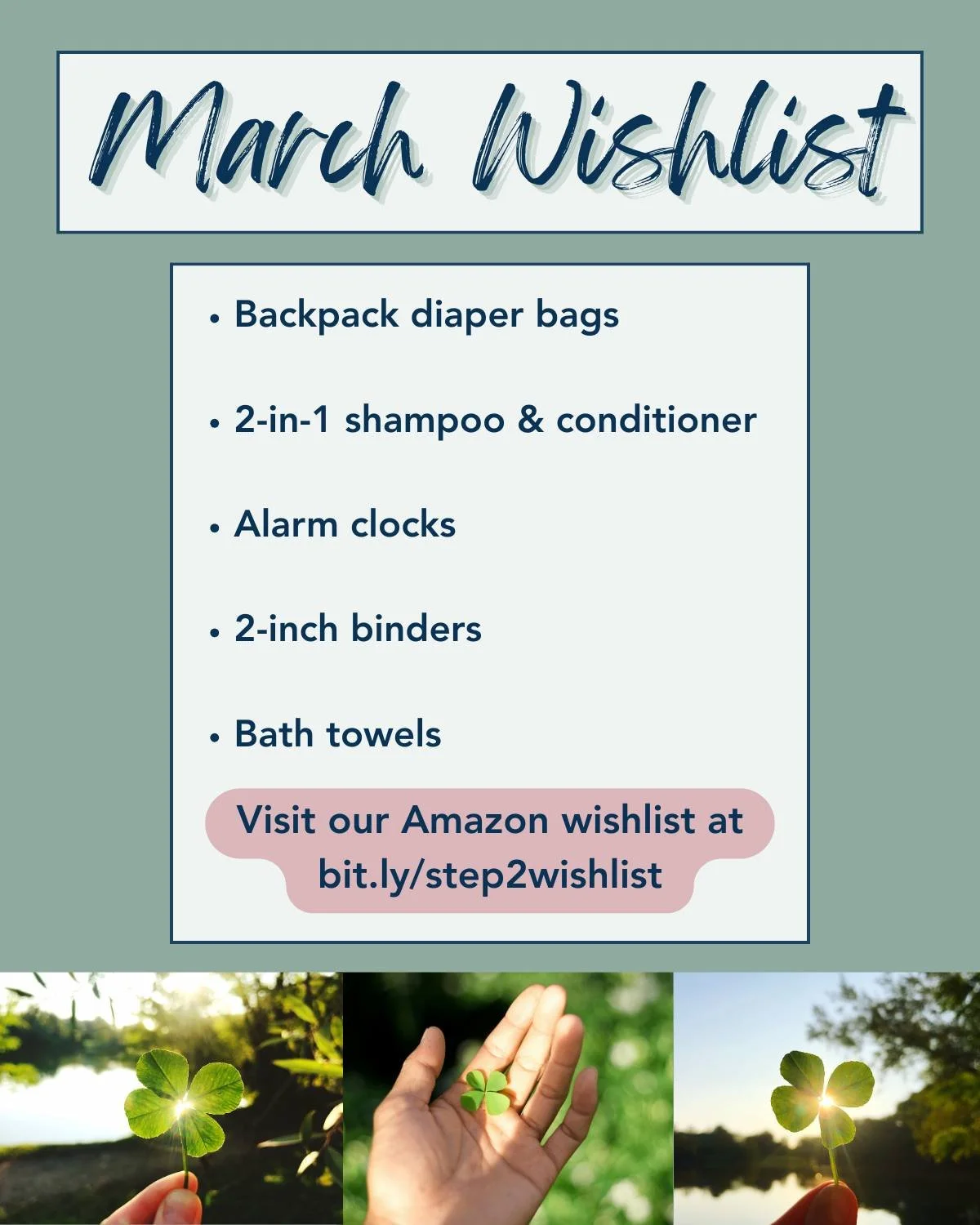 Our March Wish List is here! These high-need items are essentials that support women and mothers as they focus on recovery.

Visit our Amazon Wish List at bit.ly/step2wishlist and be part of planting seeds that break cycles of addiction and grow hope