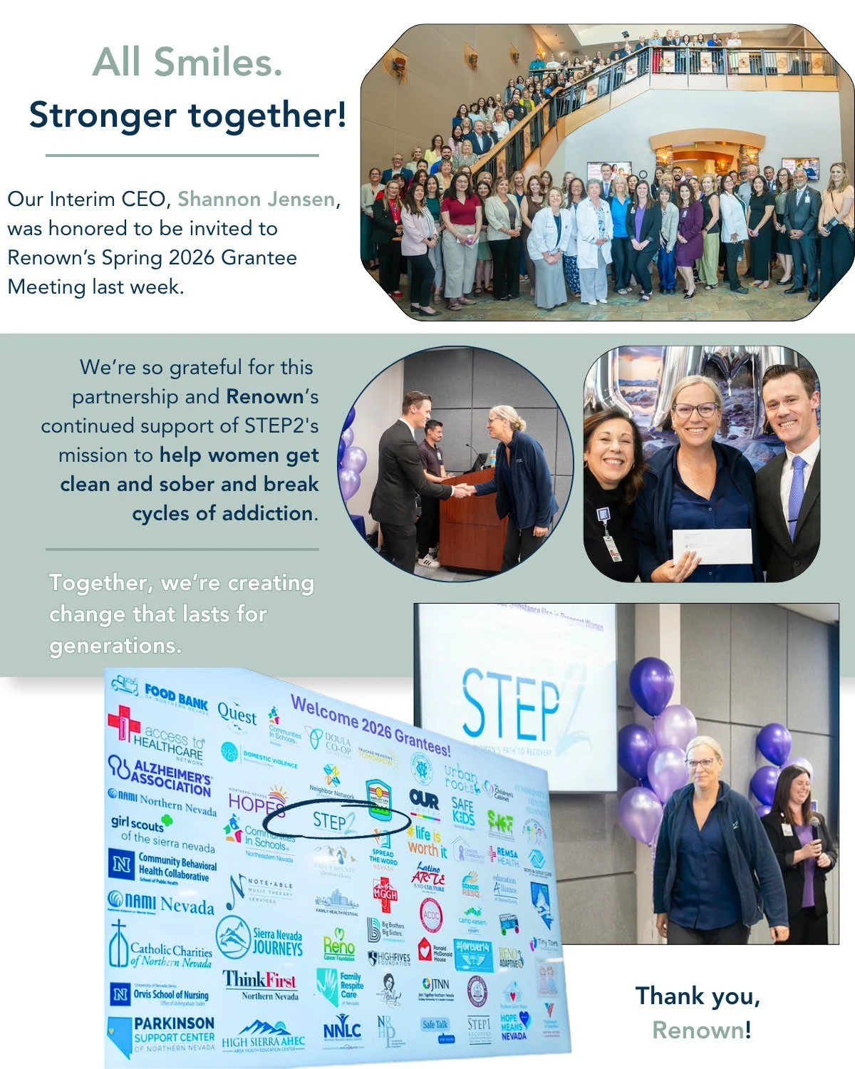 All smiles here! Our Interim CEO, Shannon Jensen, was honored to be invited to Renown&rsquo;s Spring 2026 Grantee Meeting last week.

We&rsquo;re grateful for this partnership and for Renown Health's continued support of STEP2&rsquo;s mission&mdash;h