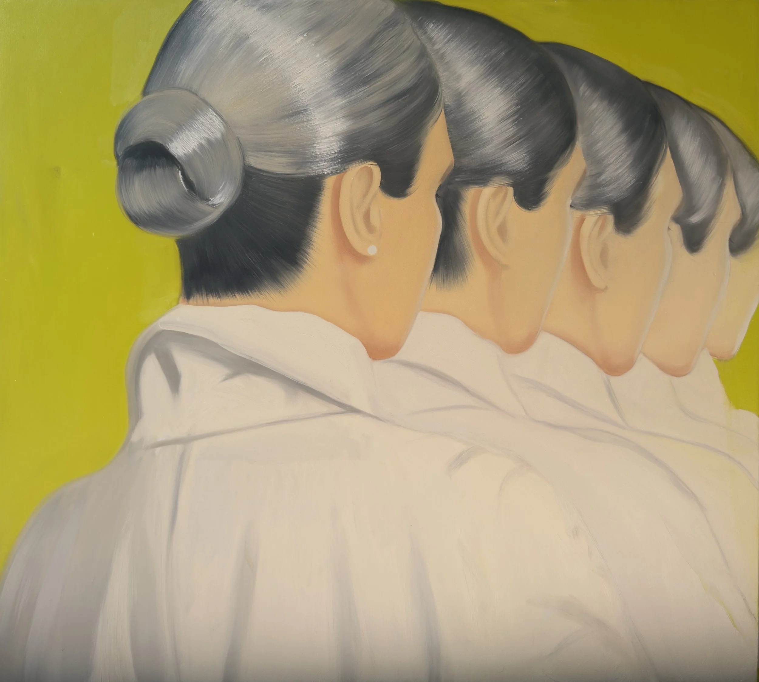 A painting of four women with dark hair styled in buns, seen from the back, wearing white clothing against a yellow background.