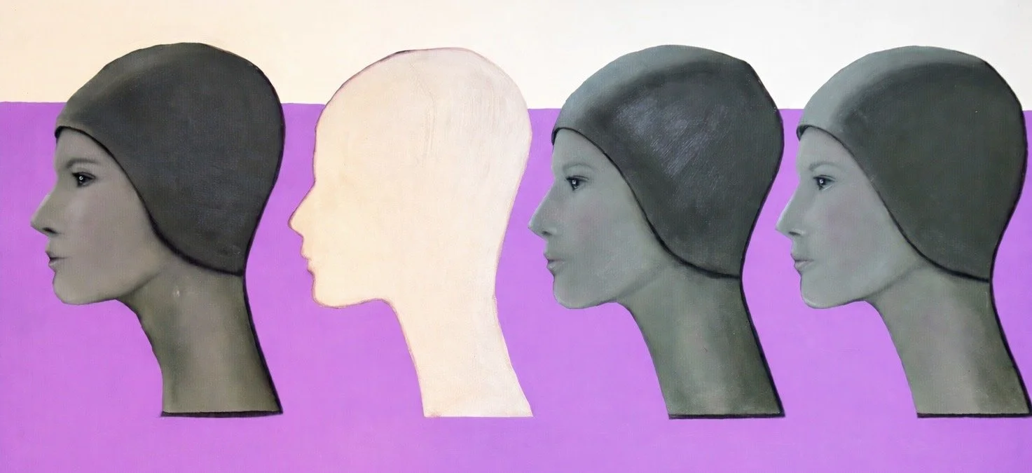 Sequence of four female profile sketches, the first and third are realistic photos of a woman wearing a black cap, the second is a light-colored outline of a woman's profile, and the fourth is a shaded sketch of the same woman.
