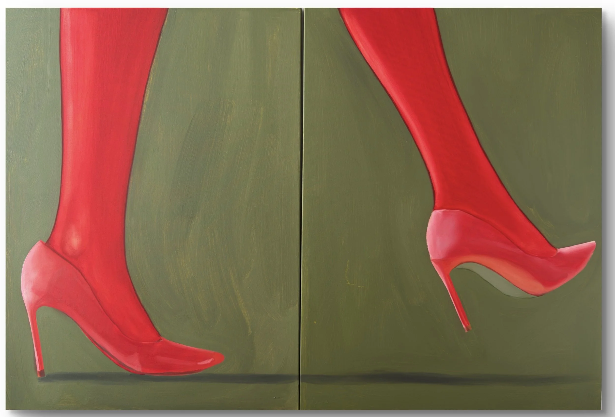 Painting of two red high-heeled boots on a green background, with one boot on each side of the canvas.