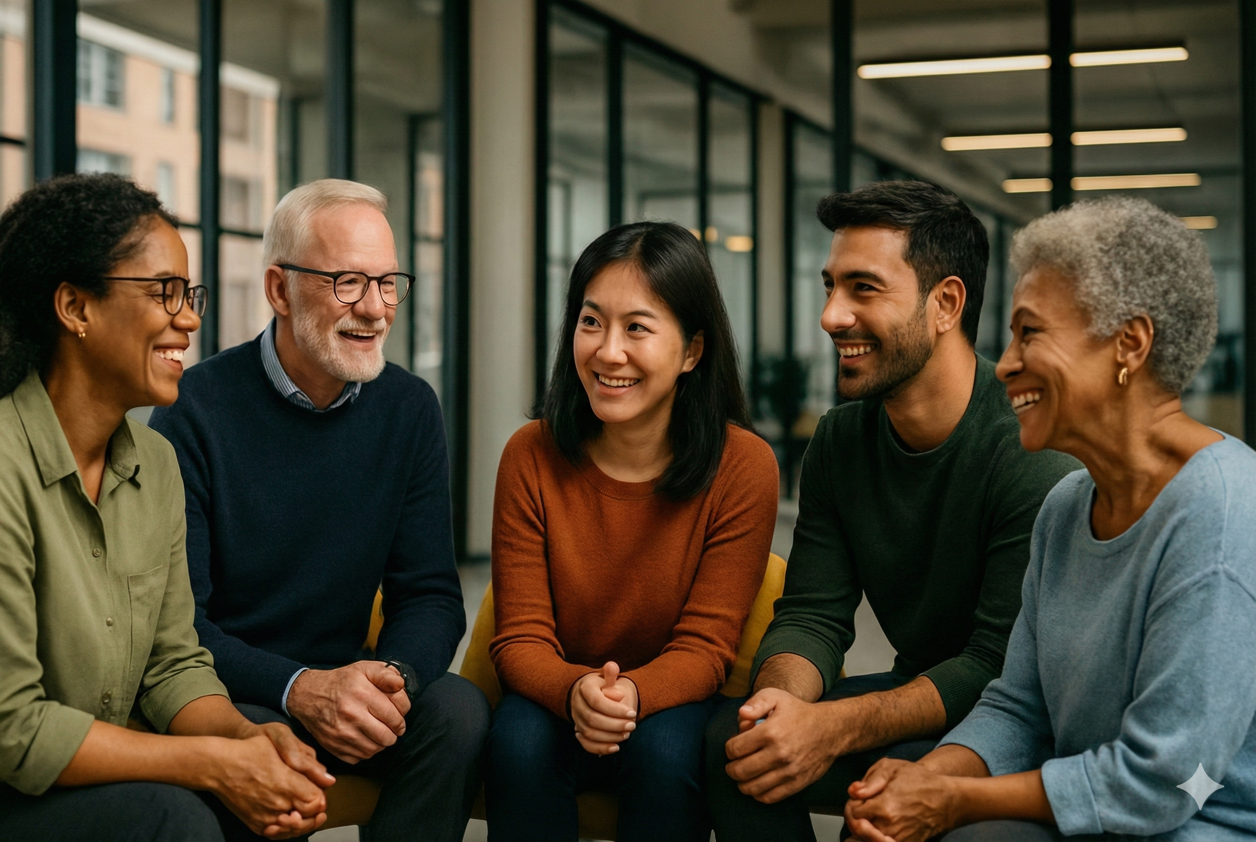 Group of five diverse adults sitting in a circle, smiling and engaging in a lively conversation in a modern indoor space.