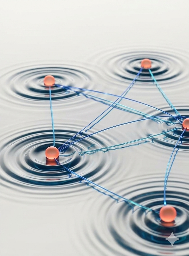 Illustration of interconnected dots on the water surface, representing a network or connected system