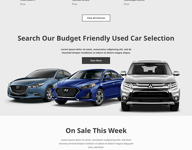 Webpage displaying budget-friendly used cars with images of three different vehicles: a blue Mazda, a blue Hyundai, and a silver Mitsubishi, along with text promoting used car selection and sales.