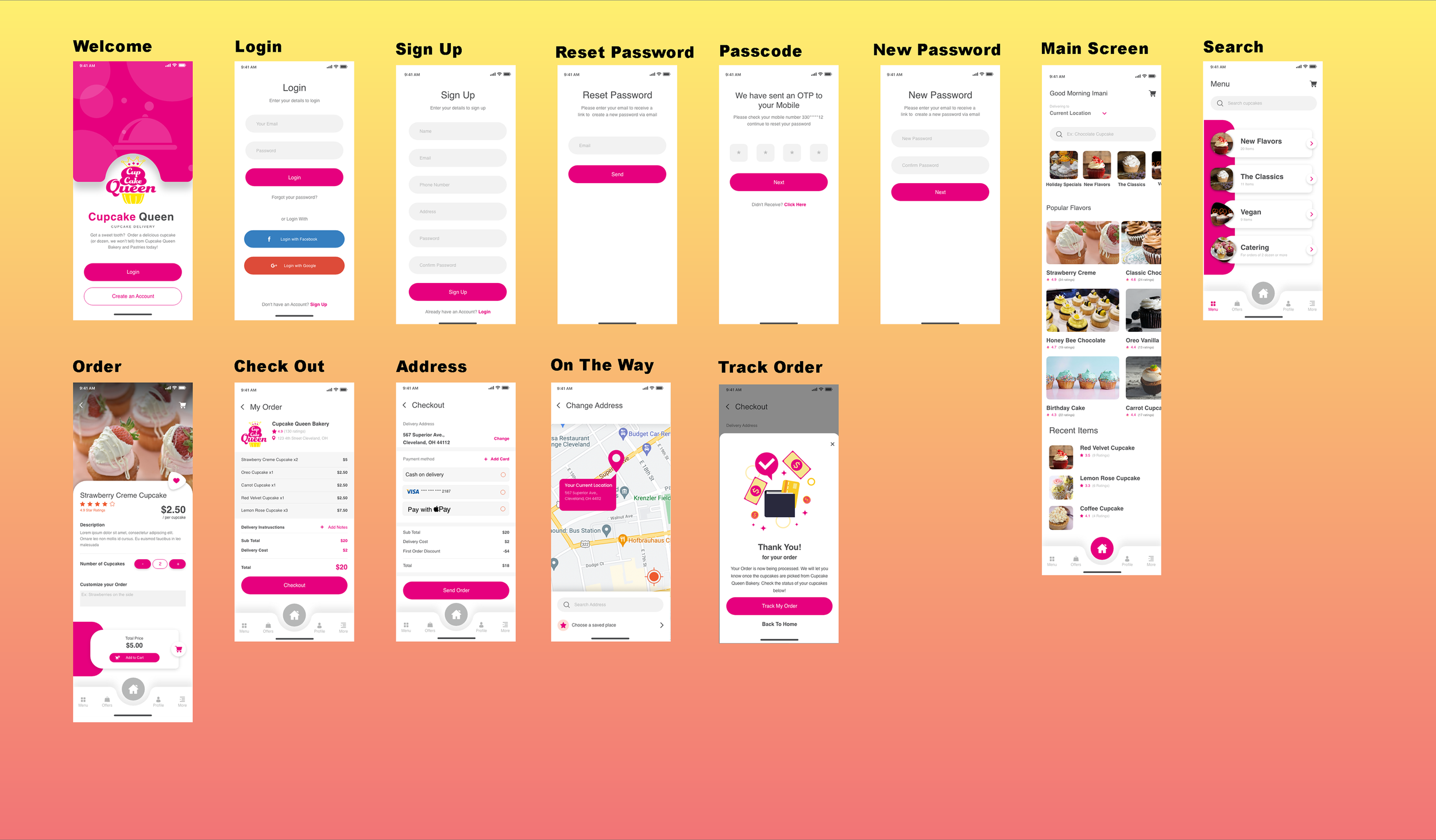 Sequence of mobile app screens for a cupcake bakery app, including welcome, login, sign up, password reset, passcode entry, main screen, search, order, check out, address change, order on the way, and track order pages.
