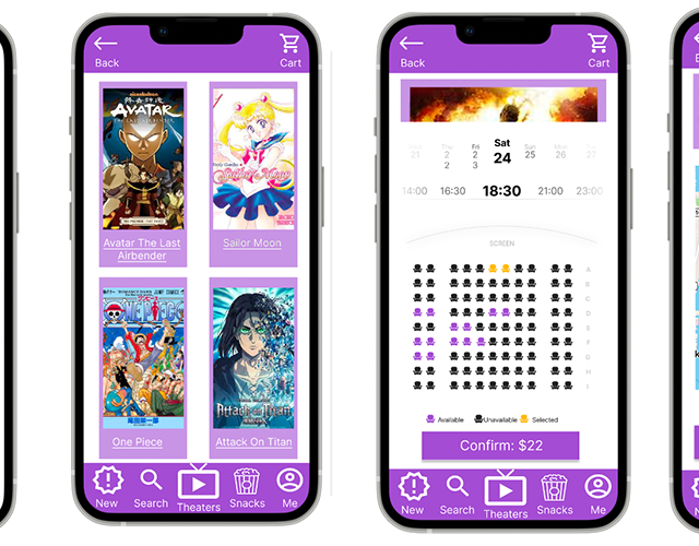 Mobile app interface with movie options, showtimes, and seating chart for selecting seats at a theater.