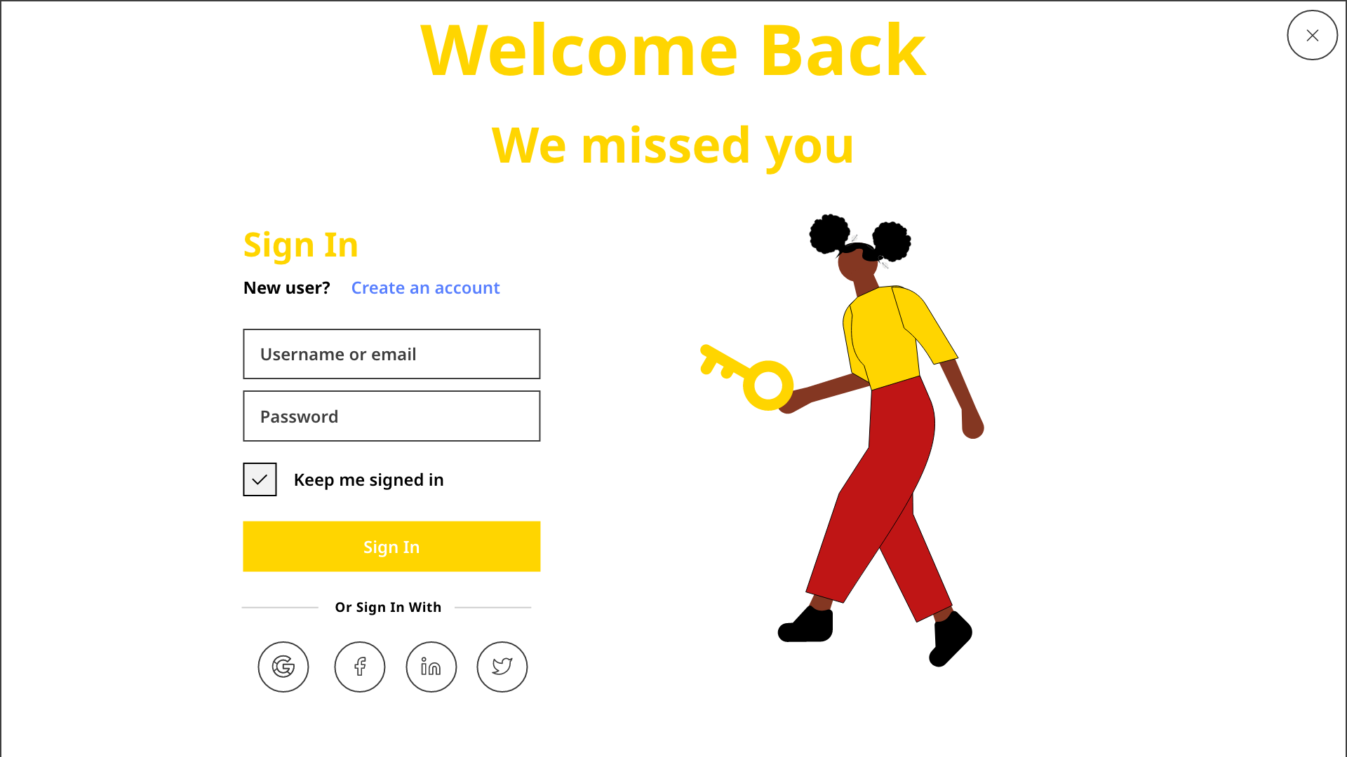 Welcome back webpage with sign-in form, a woman holding a key, and social media icons.