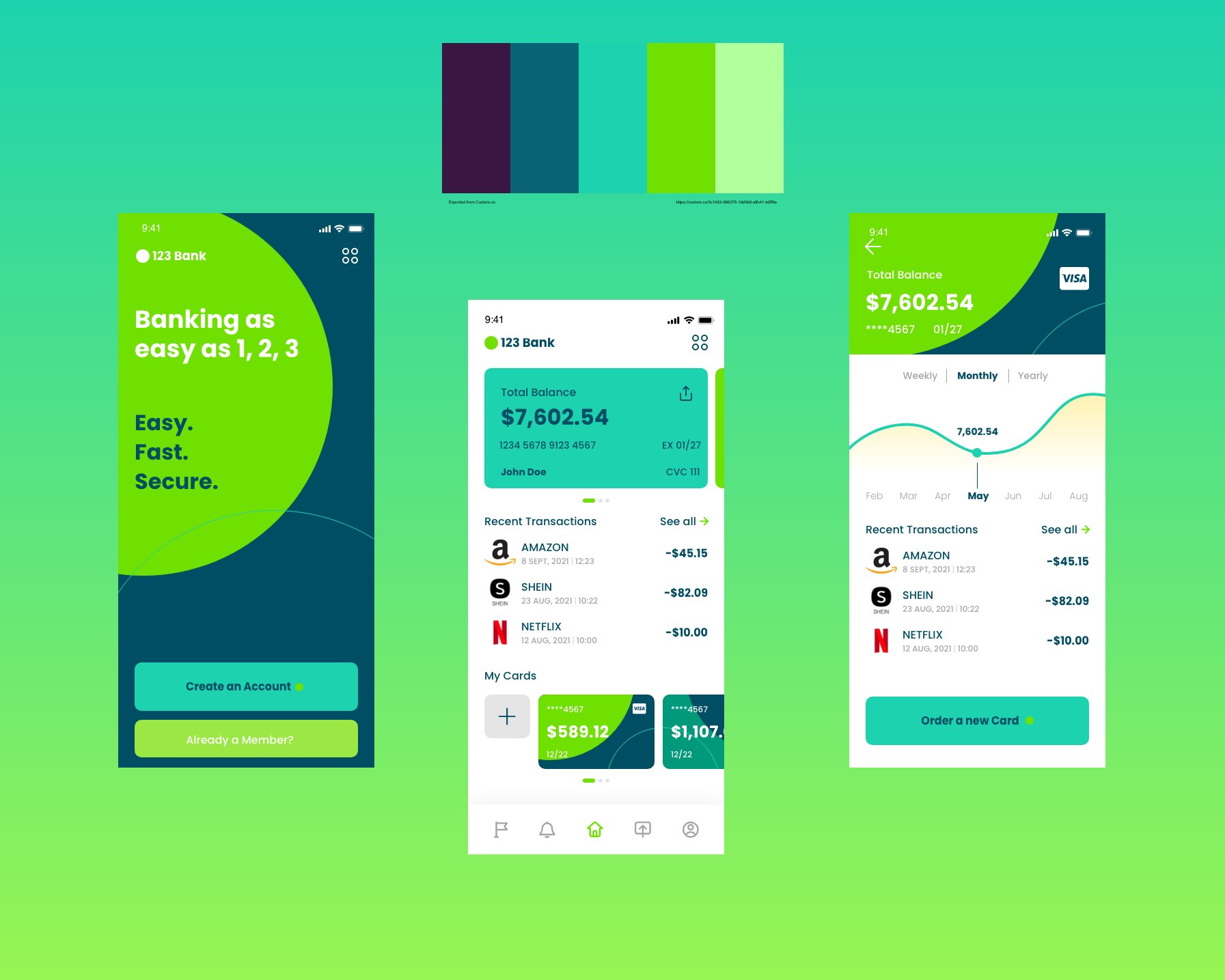 Screenshots of mobile banking app interface showing account balance, recent transactions, and options to create or order new cards, with a green and blue color scheme.
