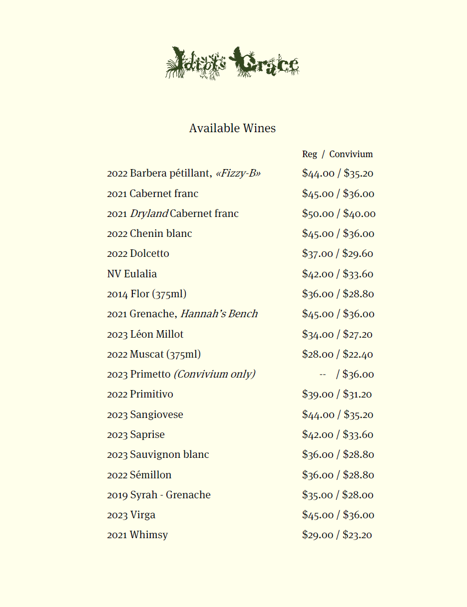 List of currently available wines at Idiot's Grace