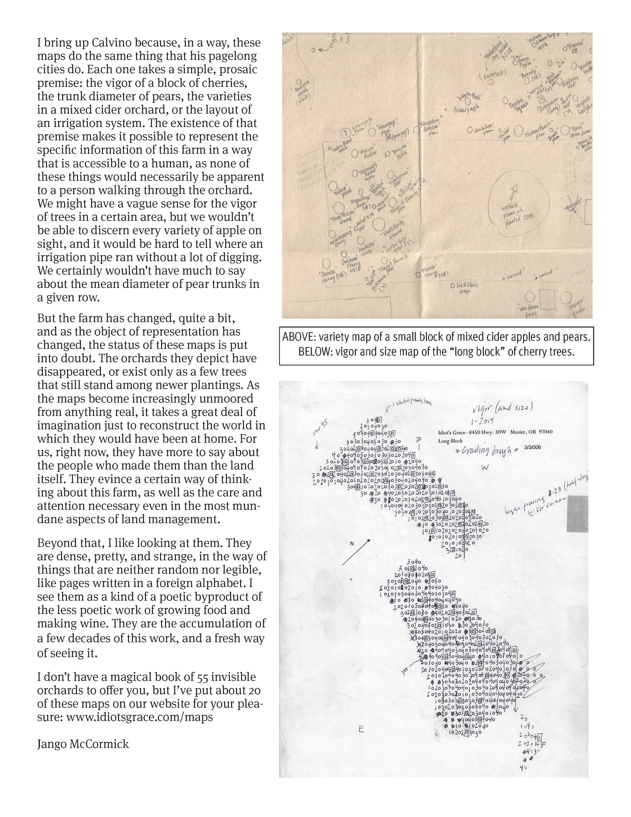 Images of maps showing a variety map of mixed cider apples and pears, and a size and vigor map of cherry trees, with handwritten notes.