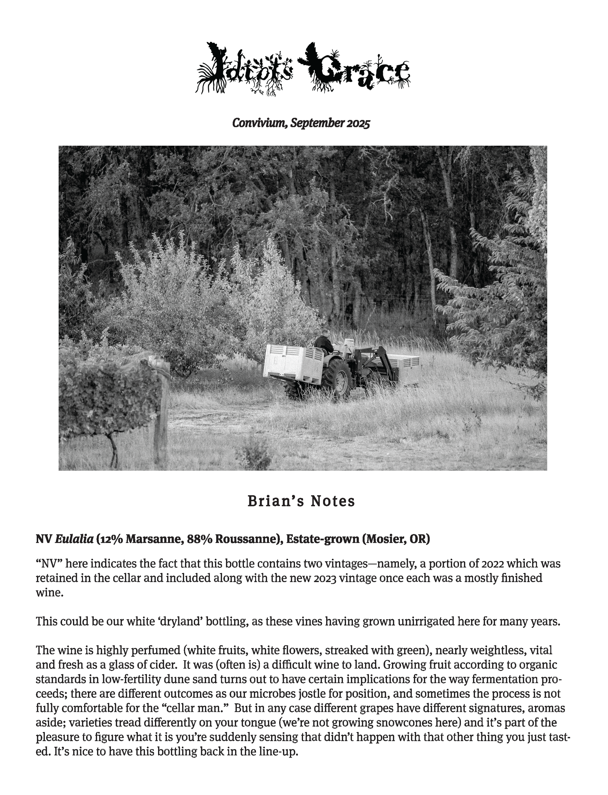 A black and white photo of a vineyard with a tractor working among the vines.