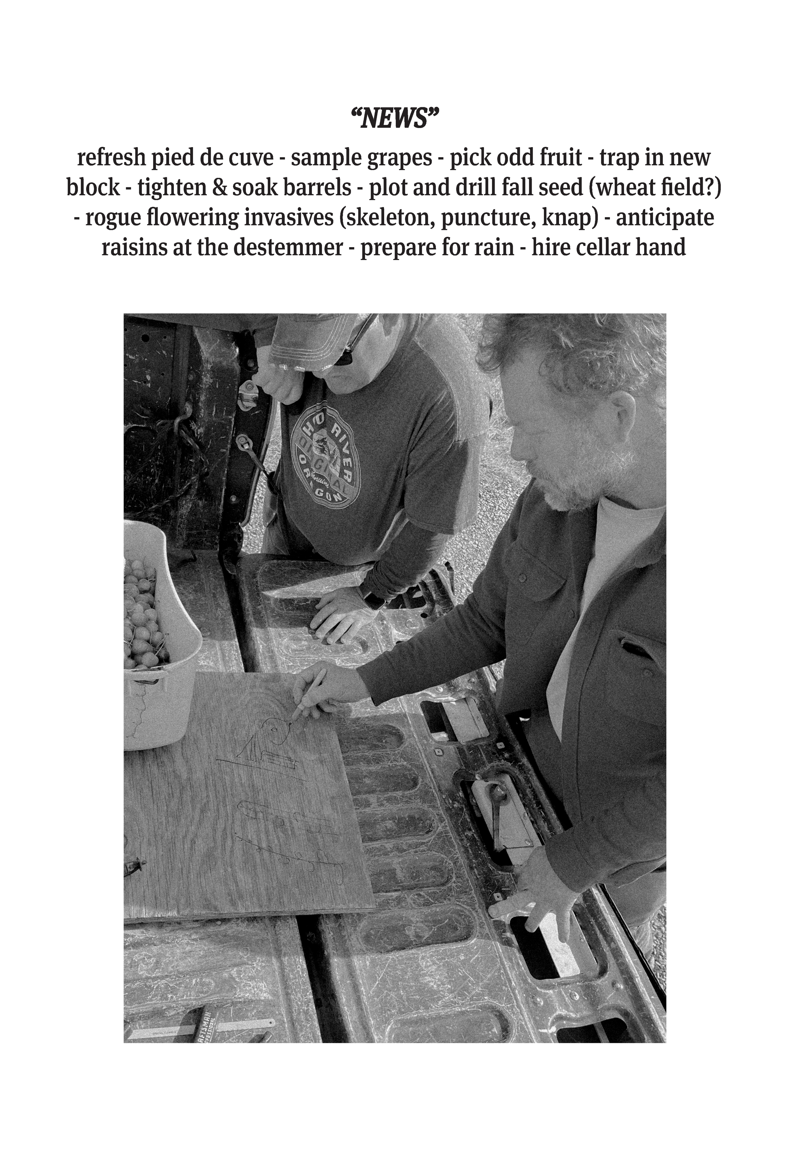 Two men working at a workbench outdoors with tools and a cardboard box, one drawing on a piece of wood.