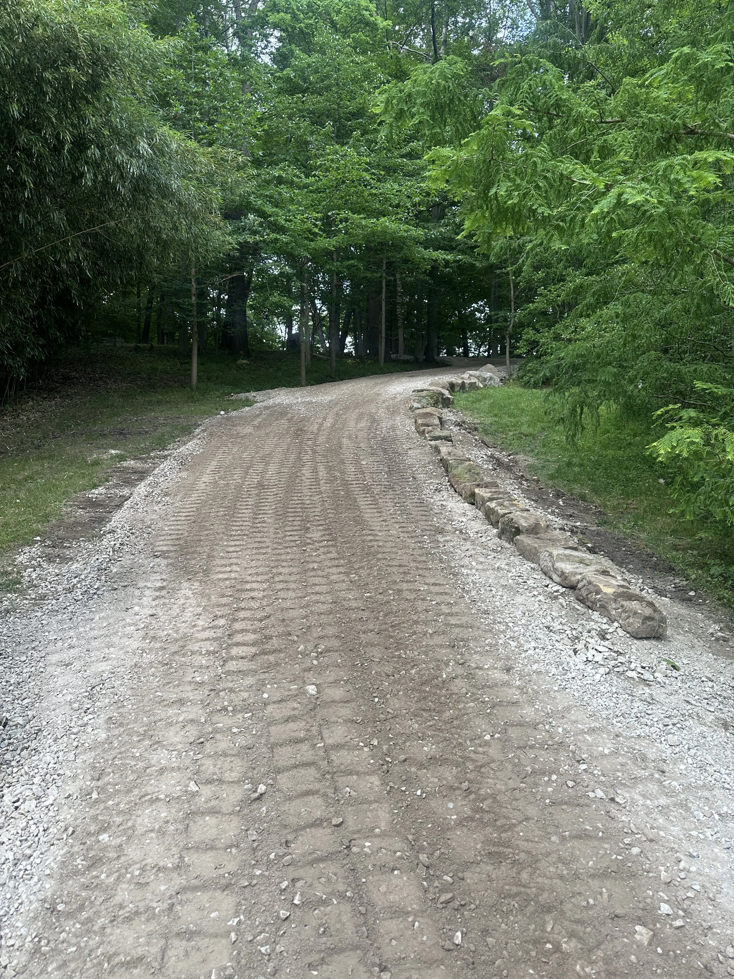 A dirt pathway lined with rocks and surrounded by green trees and bushes.