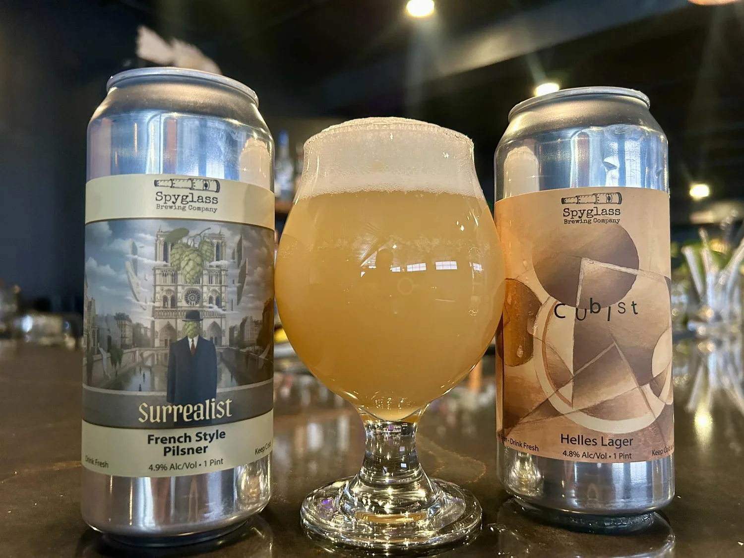  New beers from Spyglass!🥳 
 CANS: 
💛Surrealist: French style Pilsner at 4.9% abv. Brewed with French malts and FR Triskel and Mistral hops. 
💛Cubist: Helles lager at 4.8% abv. Traditional German Helles Lager 
 ON TAP: 💛Multi-Agent Nelson. Hazy I