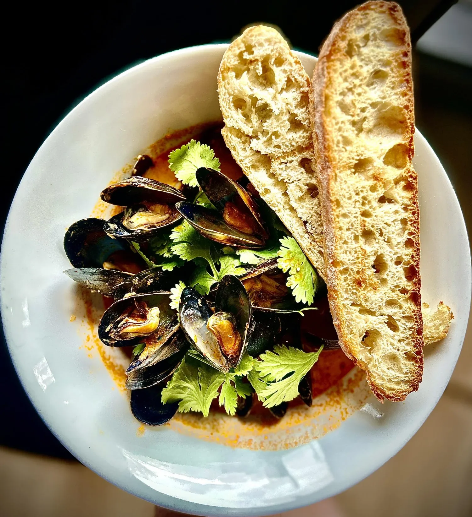  THAI CURRY MUSSELS menu special! Prince Edward Island mussels • coconut red curry broth • lemongrass • chashu lardon • house noodles • cilantro • toast points