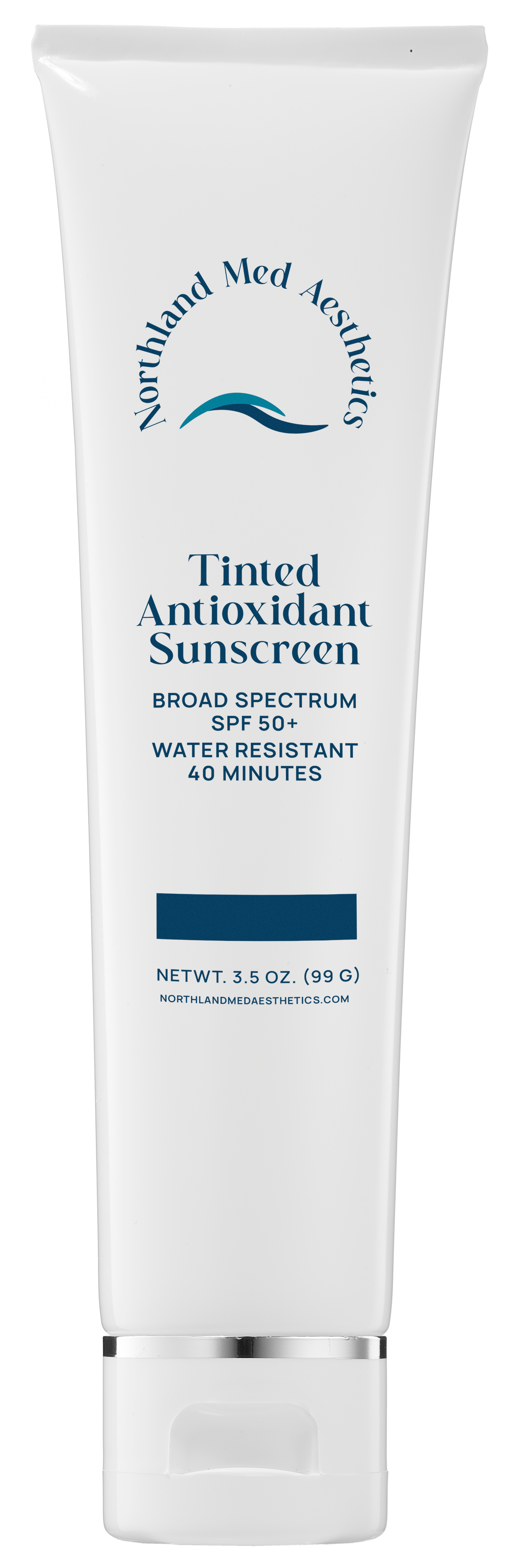 A white tube of Northland Med Aesthetics Tinted Antioxidant Sunscreen with broad spectrum SPF 50+ and water resistance, containing 3.5 ounces (99 grams).
