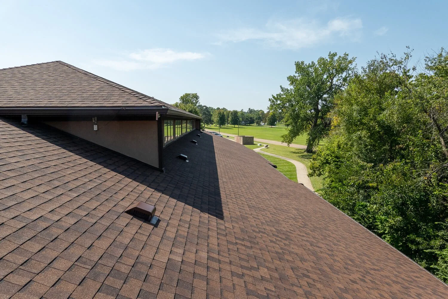 Overview of new GAF shingles on office building