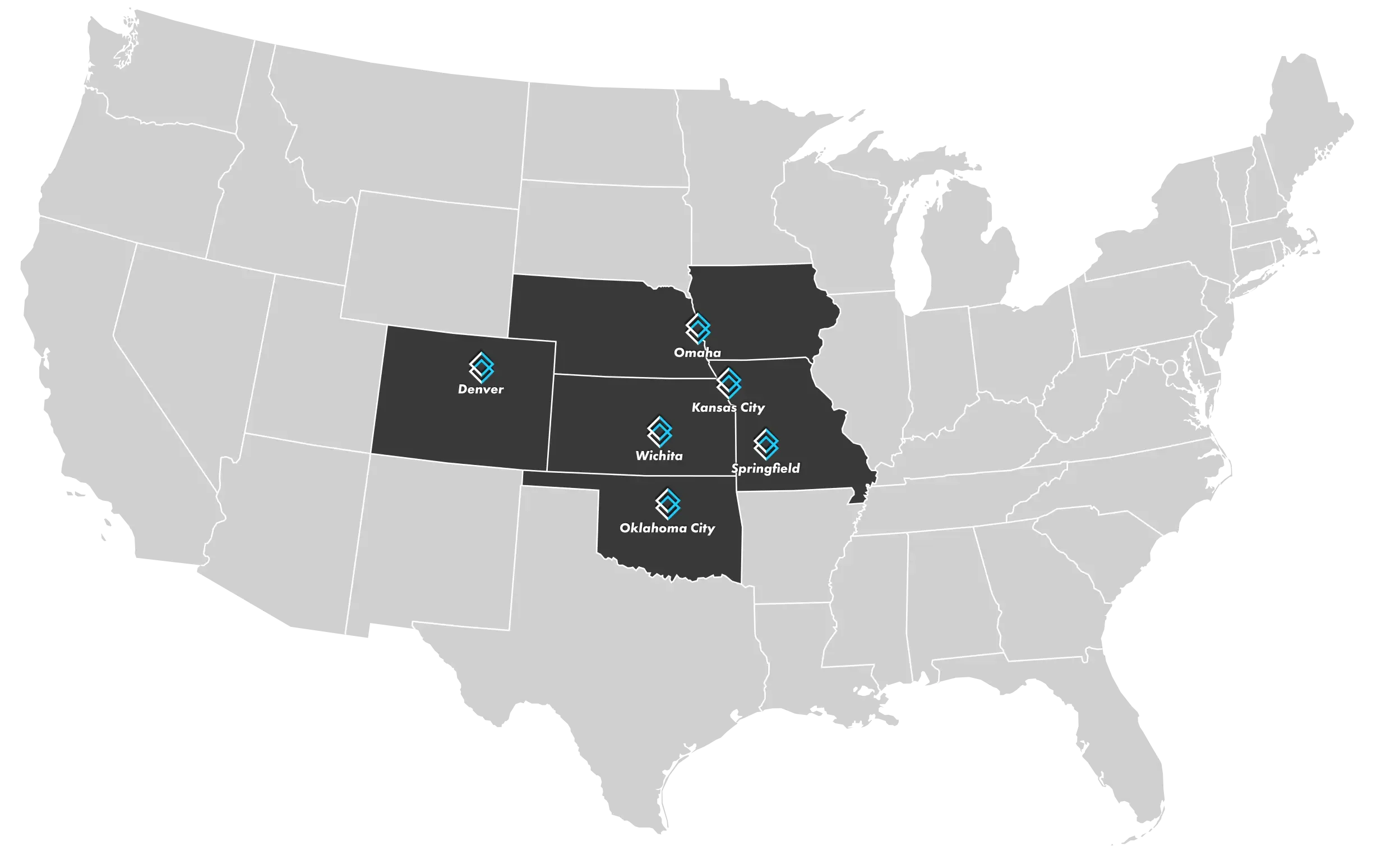United states map showing locations MAC Street Industrial serves, with Denver, Wichita, Kansas City, Omaha, Springfield, and Oklahoma City marked.