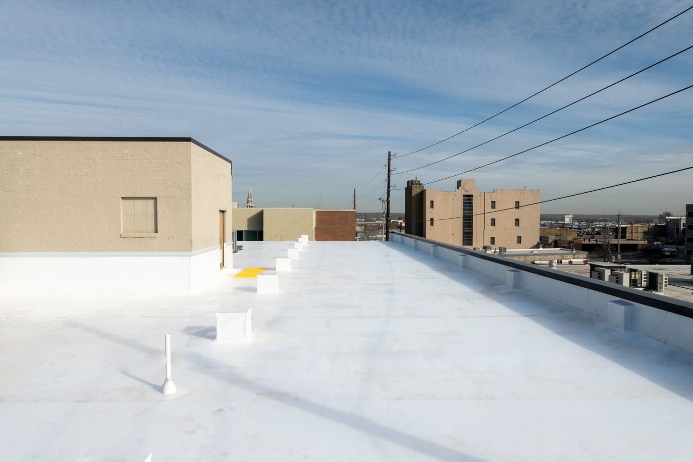 Overview of a newly installed Fleece-back GAF TPO roof system
