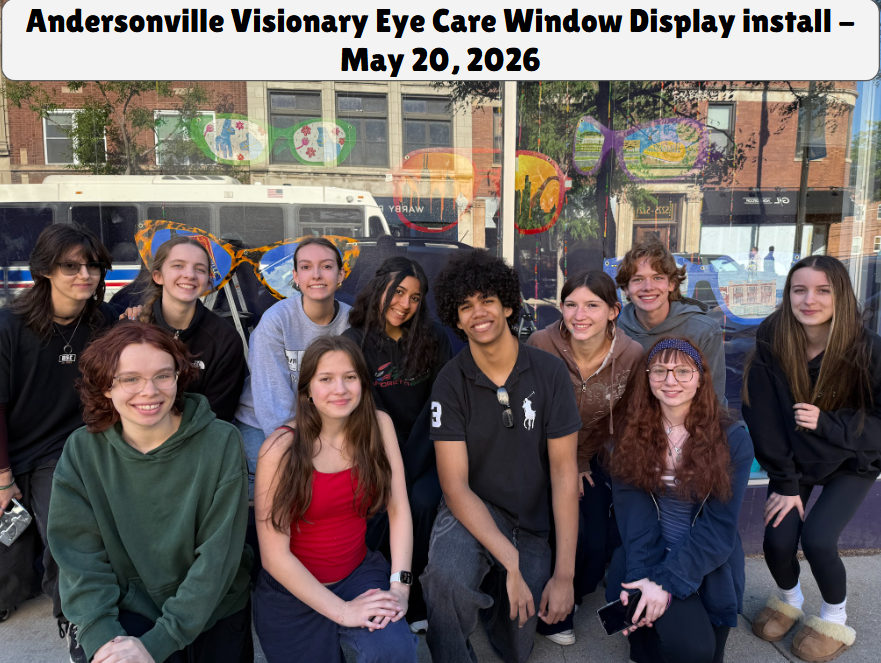 high school art students pose in front of an art install at an optometrist in the Andersonville neighborhood of Chicago, Visionary Eye Care