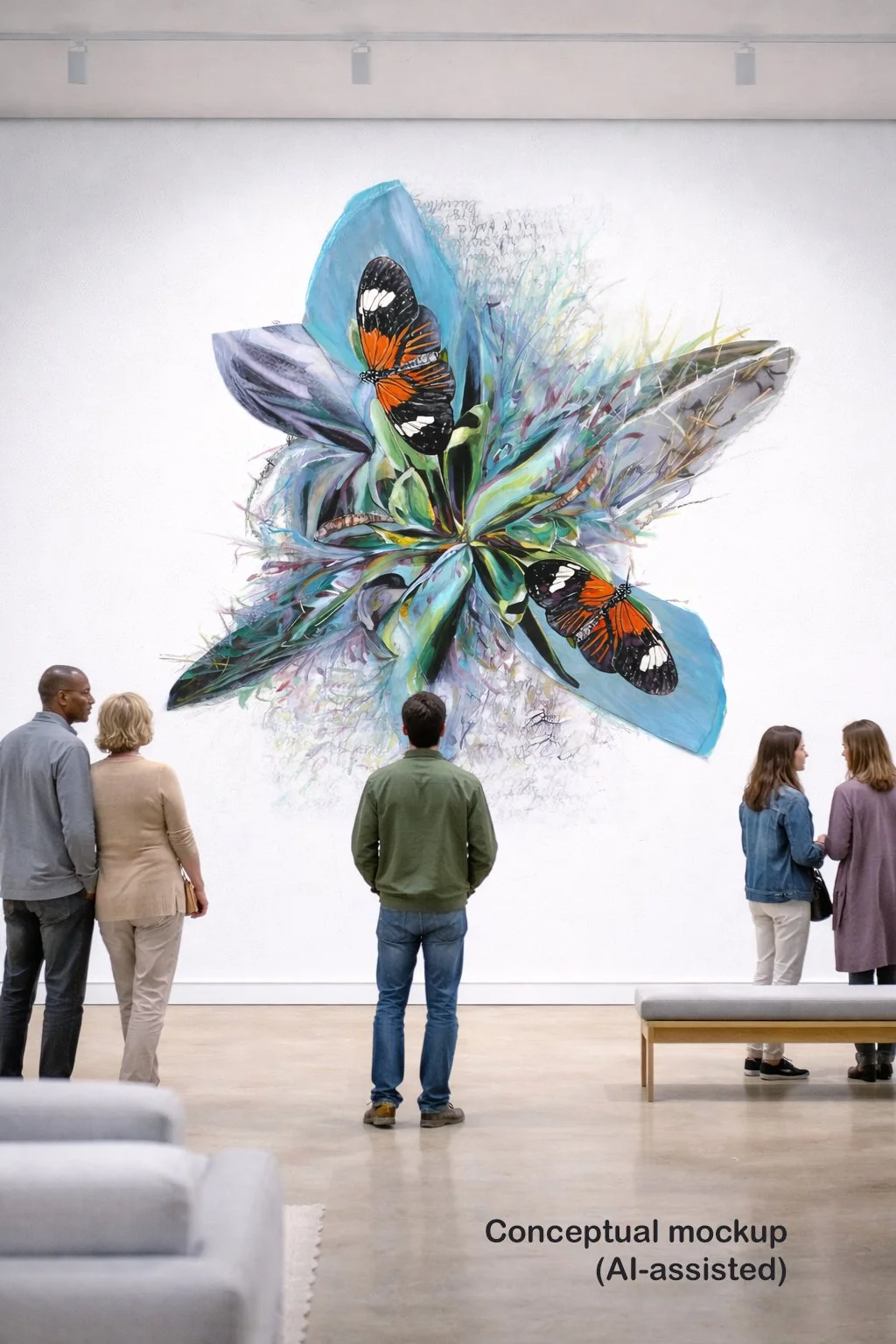 Visitors admiring vibrant butterfly artwork.jpg