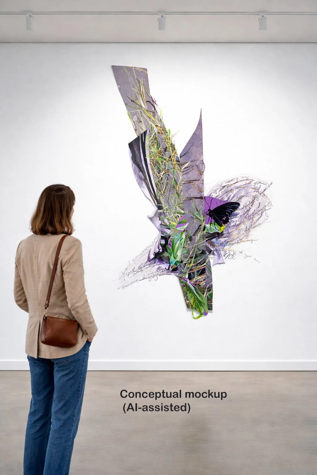 Woman admiring abstract mixed-media artwork.jpg