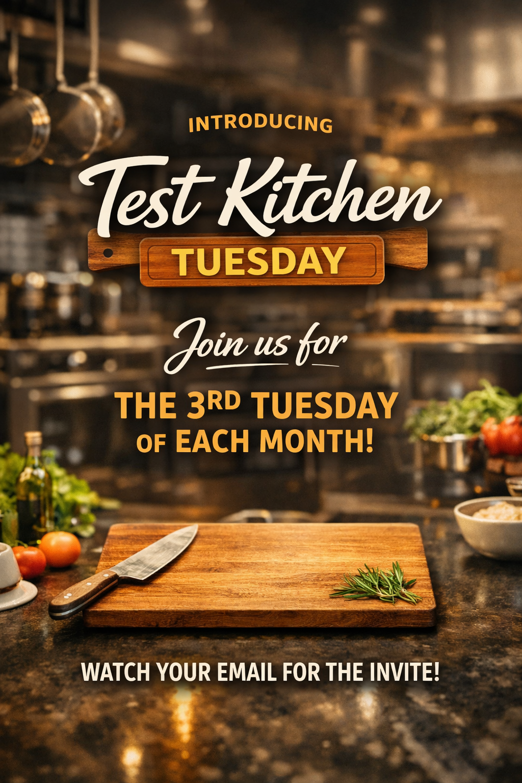 Test Kitchen Tuesday, announcing an event on the third Tuesday of each month. Sign up and check your email for an invite.