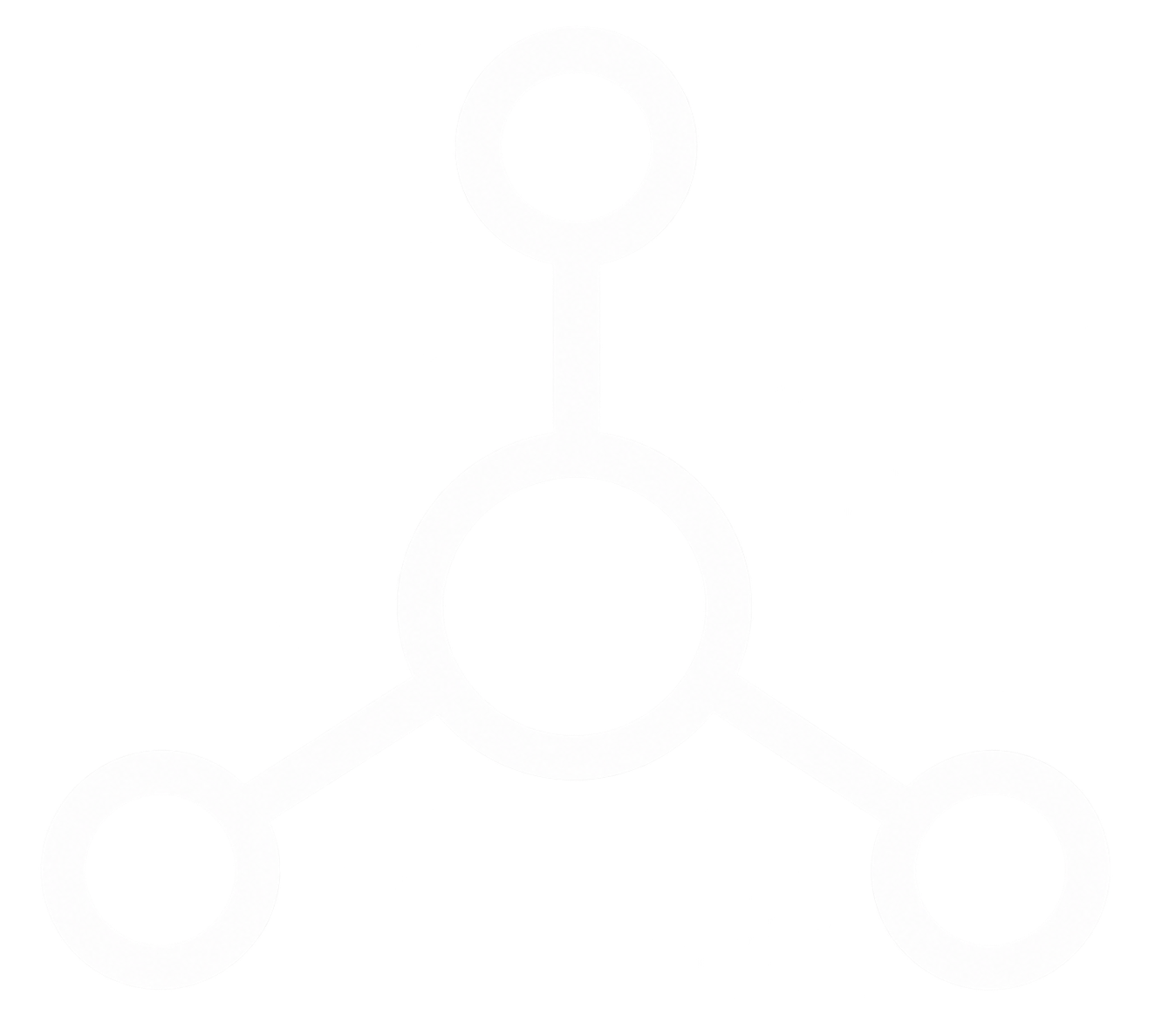 Black and white microscopic view of a cell, showing four structures connected by lines, with a central structure that appears to be a nucleus.