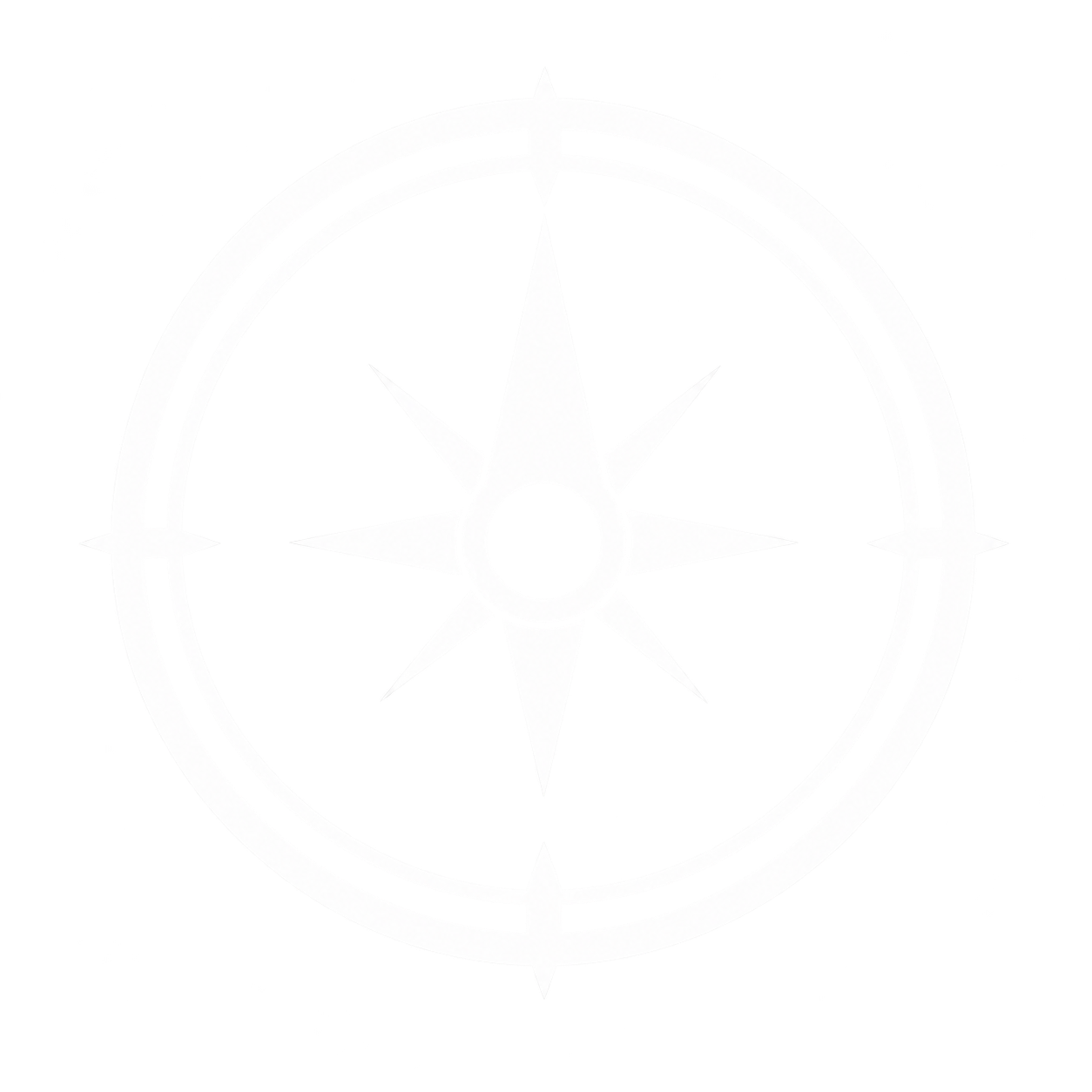 Black and white image of a compass rose with a globe in the background.