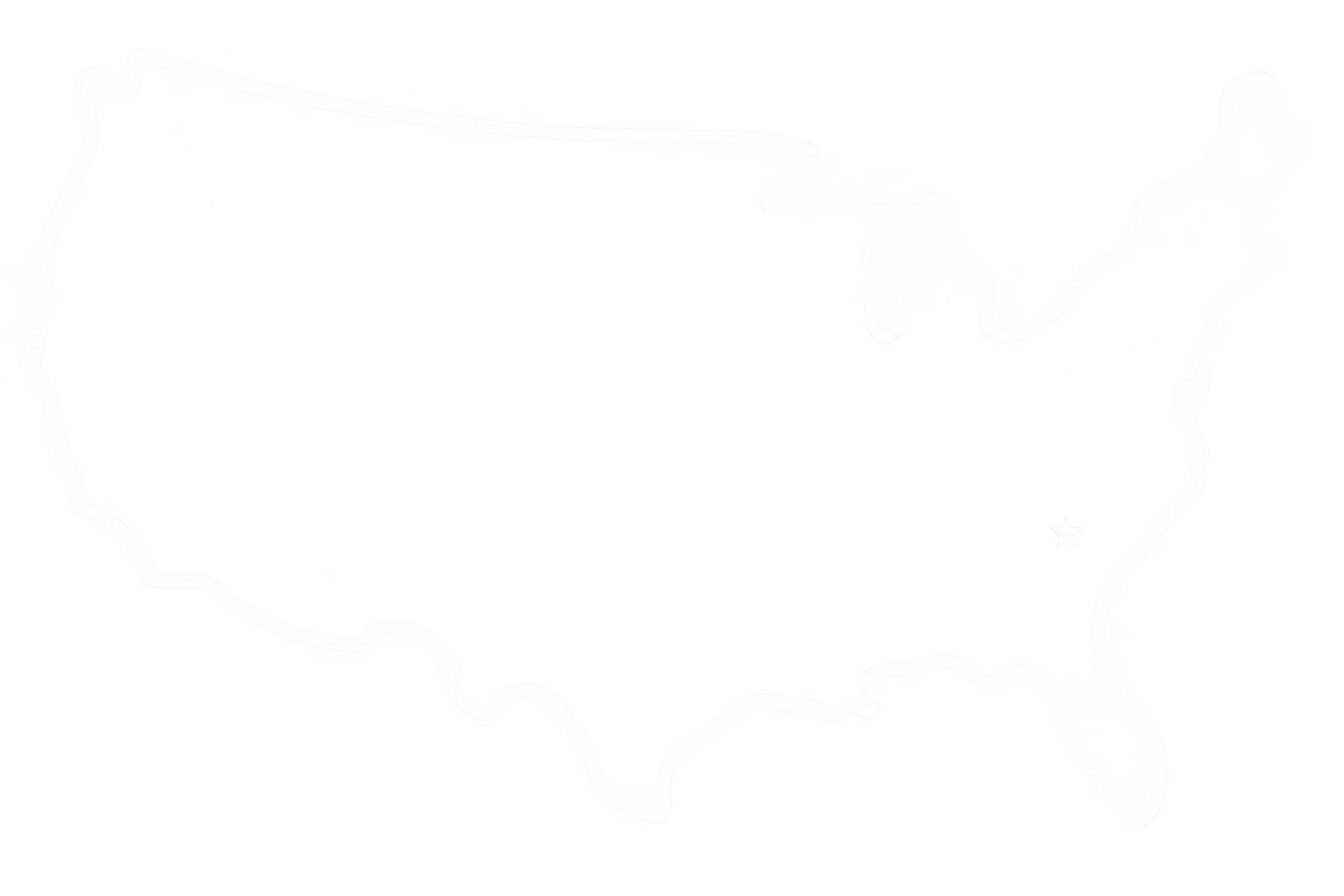 Neon outline map of the United States with a small star near the center.