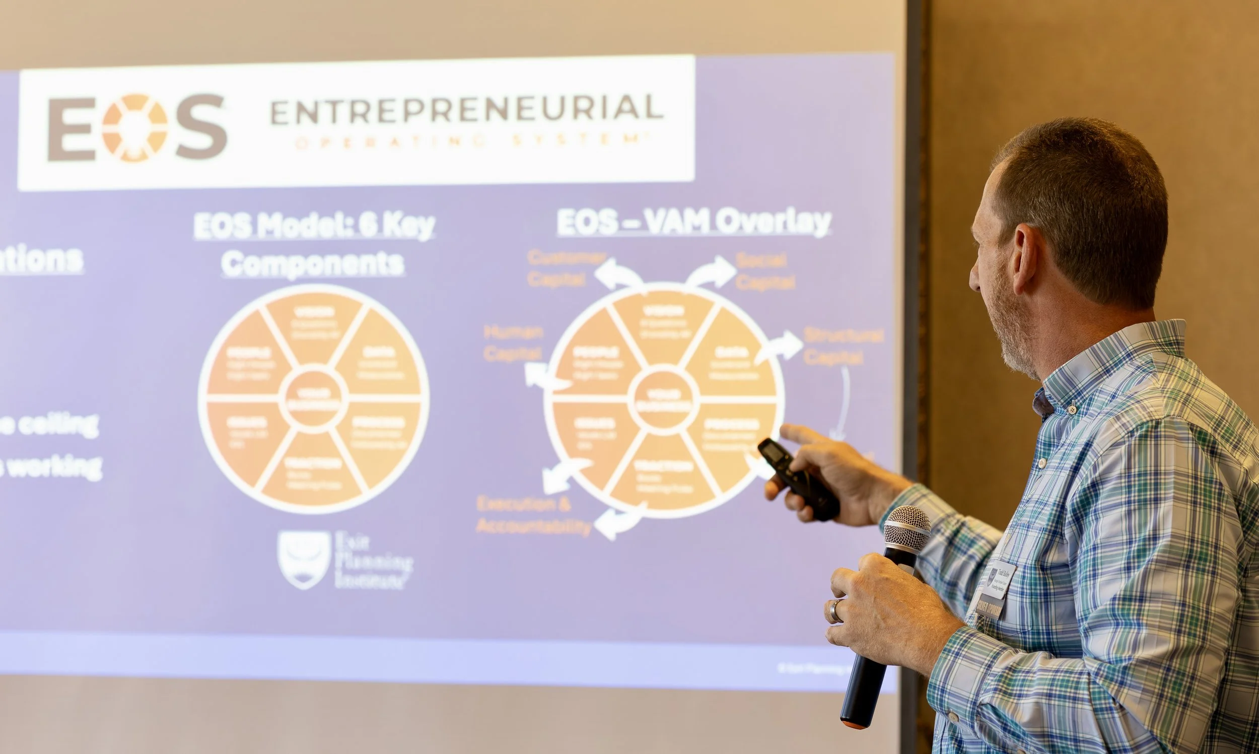 A man in a plaid shirt holding a microphone and a remote control is giving a presentation about EOS (Entrepreneurial Operating System) in a conference room. The presentation slide features diagrams of EOS Model Components and EOS VAM Overlay.