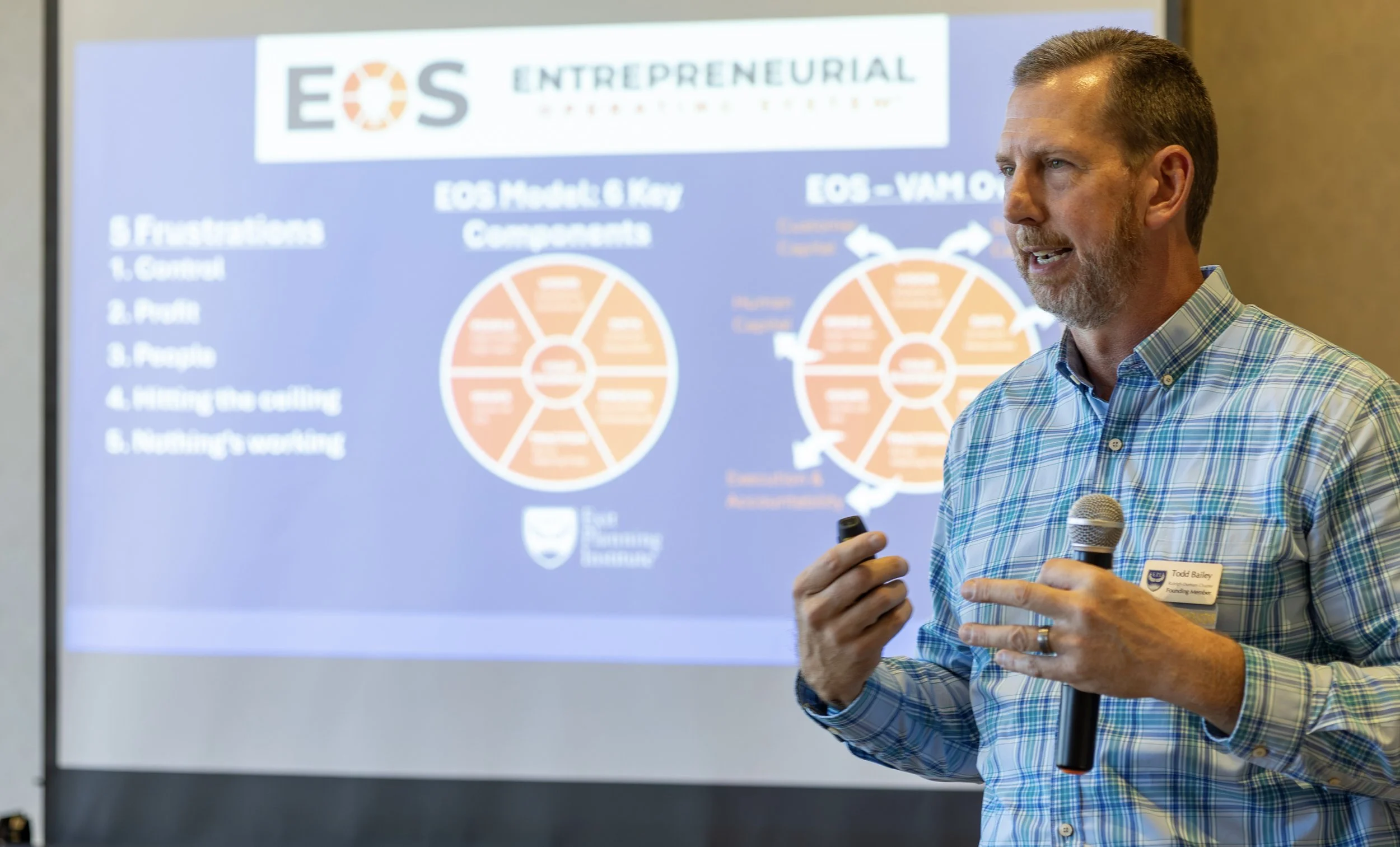 A man with a name badge speaking into a microphone in front of a presentation slide titled EOS Entrepreneurial Operating System, discussing five frustrations and EOS model components with diagrams.