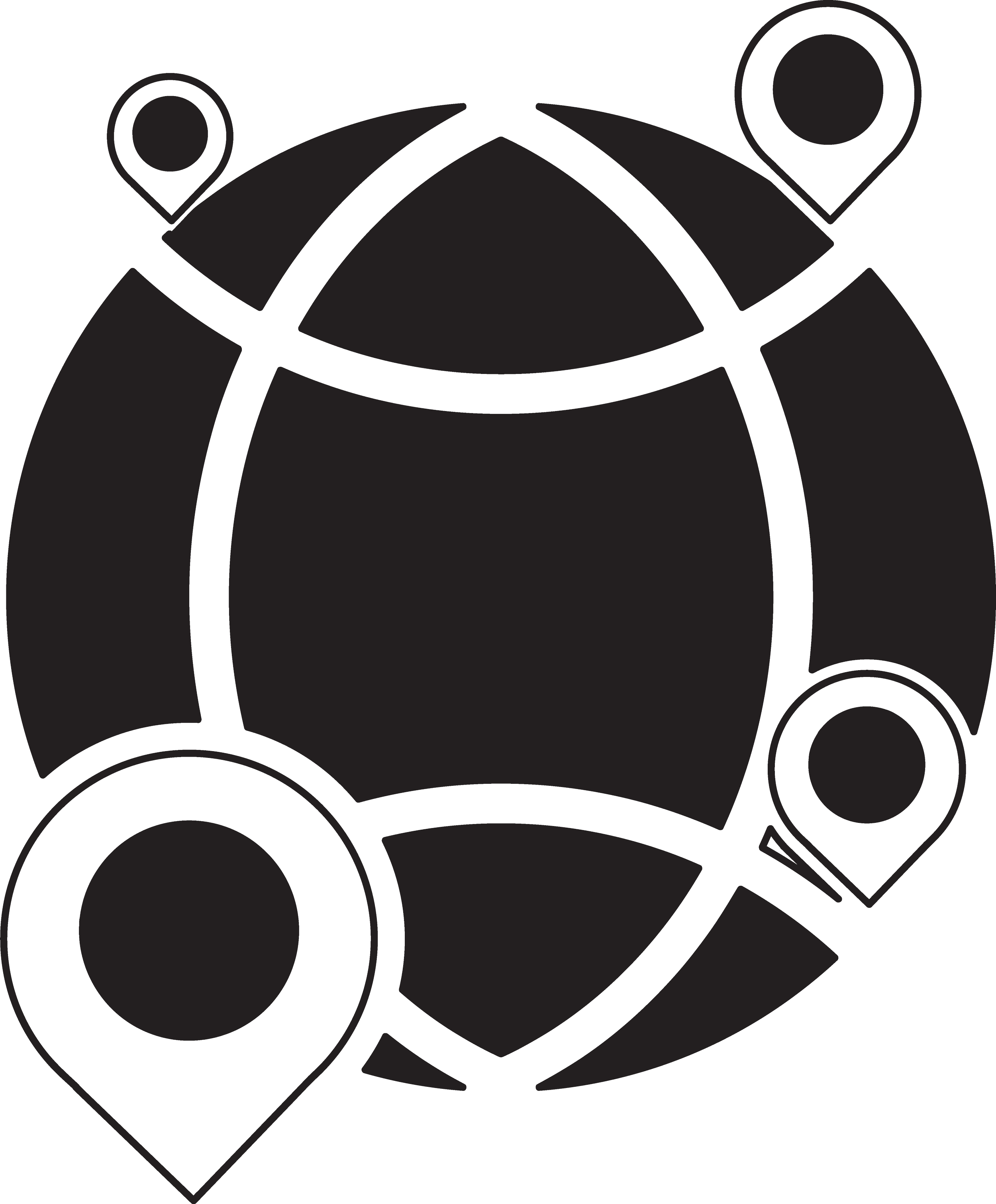 Abstract map with location markers at four points around a circular shape.