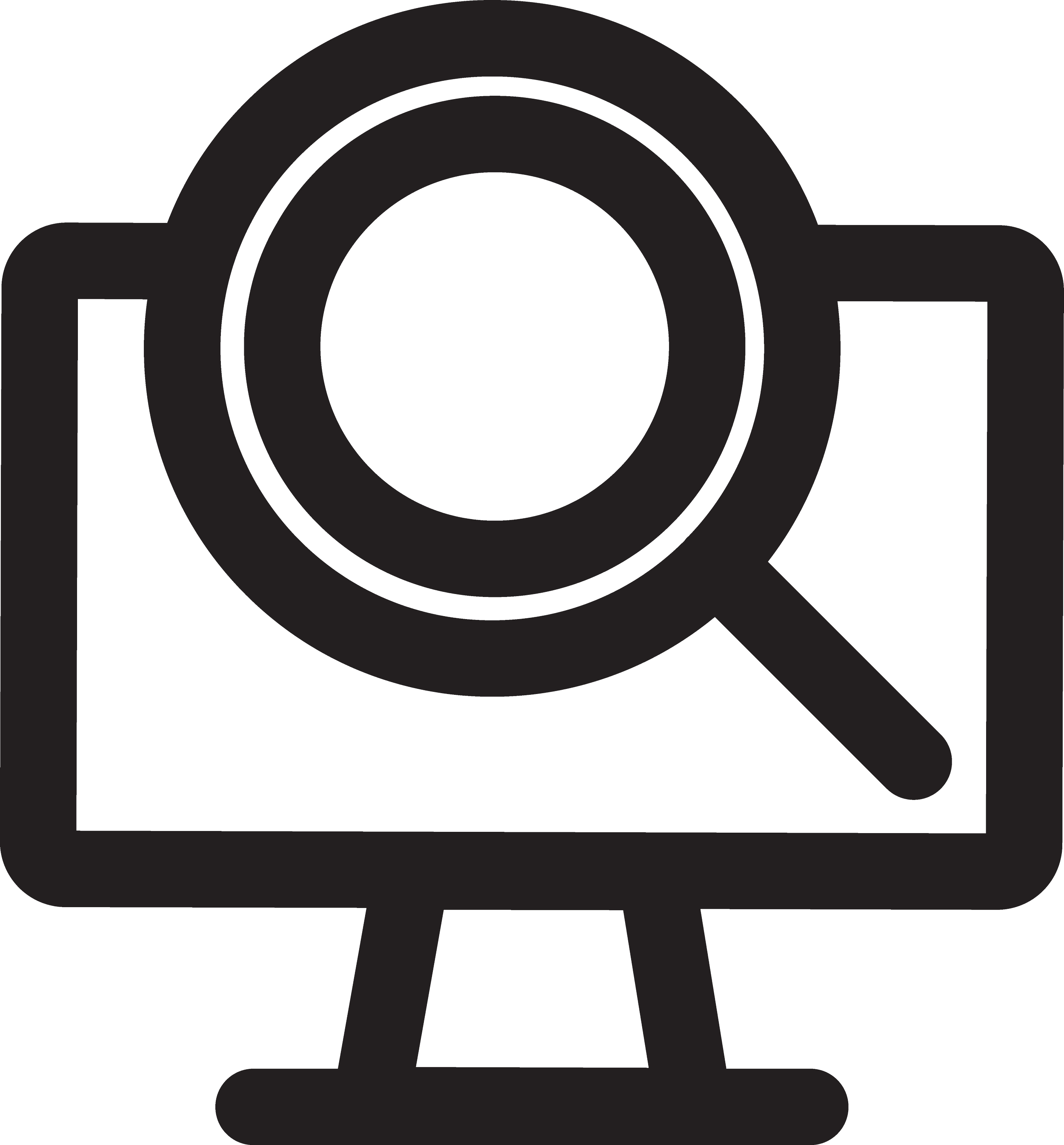 Silhouette of a camera with a magnifying glass over a computer monitor.