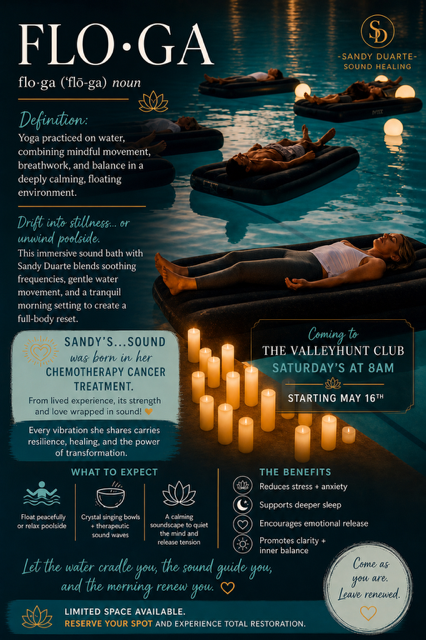 Sandy Duarte leading a floating sound bath and sound healing experience designed to promote deep relaxation, stress relief, and emotional well-being.