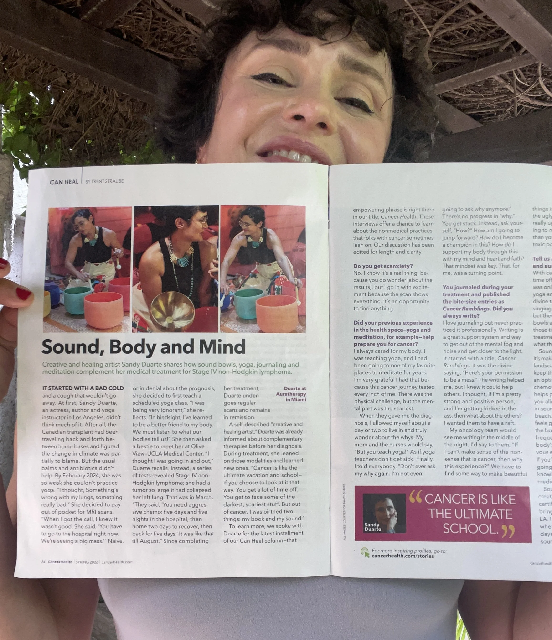 Sandy Duarte sound bath healer and cancer survivor featured in Cancer Health magazine discussing healing sound therapy