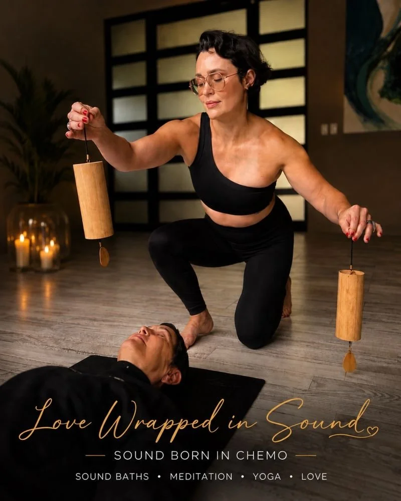 Sandy Duarte leading a sound bath at a women’s wellness retreat with crystal singing bowls.