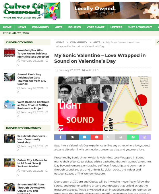 Sandy Duarte among participants at the “My Sonic Valentine: Love Wrapped in Sound” immersive sound art event at Wende Museum celebrating love, connection and community through sound and art