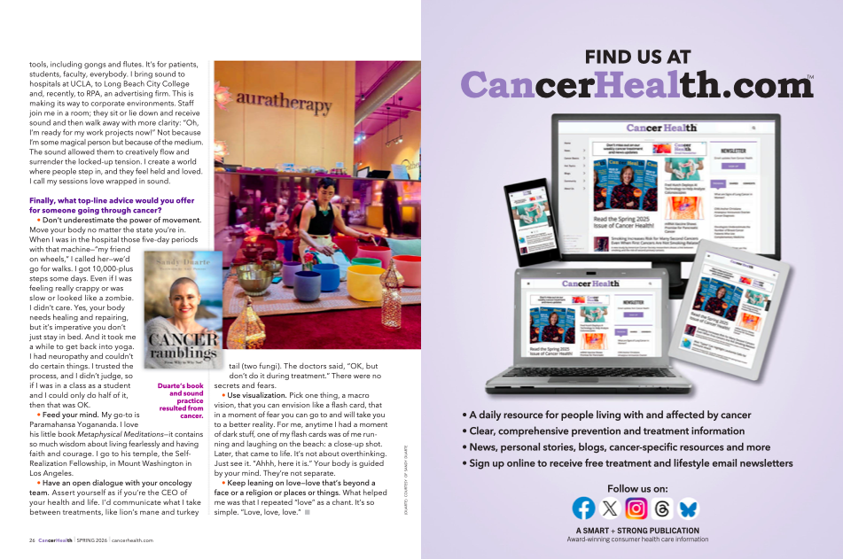 Sandy Duarte — sound healer, writer, and stage 4 cancer survivor whose book Cancer Ramblings and sound bath work were born during chemotherapy and now support cancer healing and wellness.