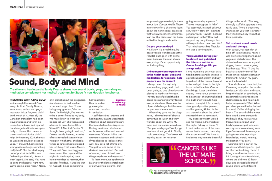 Sandy Duarte, stage 4 cancer survivor, sound healer, and author of Cancer Ramblings, sharing sound bath healing practices inspired by her own chemotherapy journey.