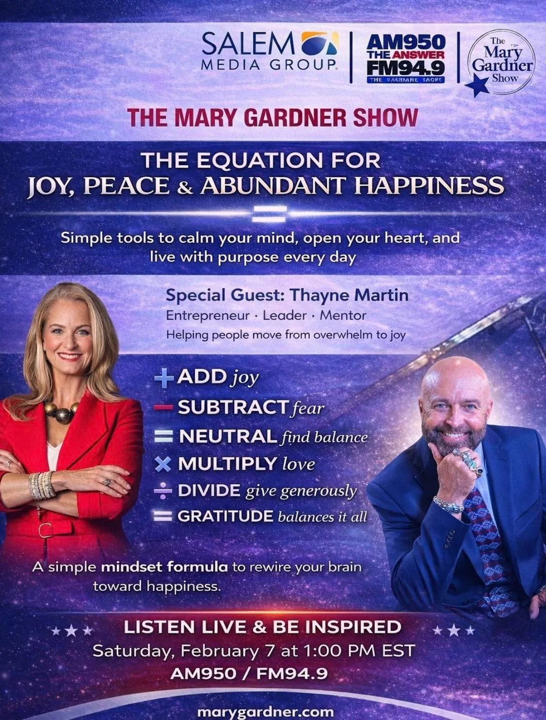 My interview with Mary Gardner is today!  I&rsquo;m so excited.  You can listen live at the following link! 

Tune in at 1:00 eastern 11:00 here in AZ. 

https://theanswerorlando.com/podcasts/the-mary-gardner-show

Thanks for everyone&rsquo;s support