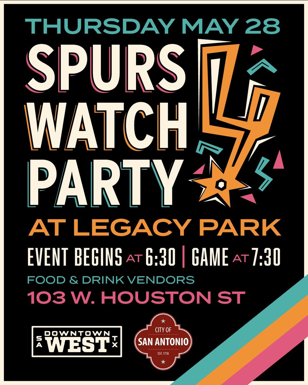 You know what time it is! 🏀🔥

Join us Thursday, May 28 for a Spurs Watch Party in the heart of Downtown West. Food &amp; drink vendors kick off at 6:30 PM before tip-off at 7:30 PM.

Bring your family and friends, rock your Spurs gear, and catch ev