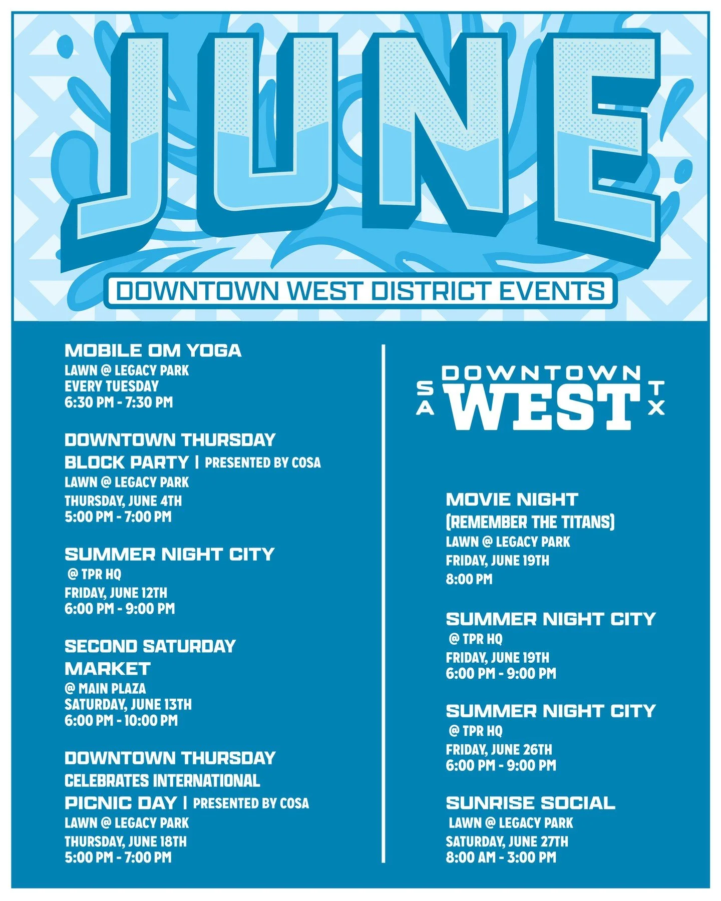 ☀️ June is packed with ways to experience Downtown West!

From outdoor yoga and community block parties to movie nights under the stars, local markets, and family-friendly gatherings, there&rsquo;s something happening all month long.

Save this post,