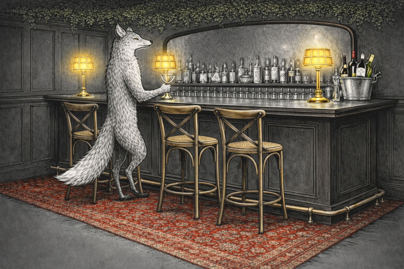 A humanoid fox with gray and white fur, standing and holding a wine glass, at a dark gray bar with four wooden barstools, lit by three yellow lamps, on a red patterned rug, with bottles of alcohol and barware on the counter.