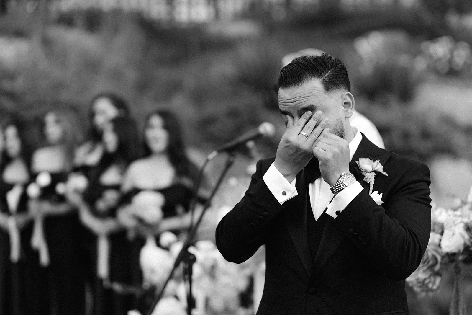 Groom reacting during ceremony at Monserate Winery